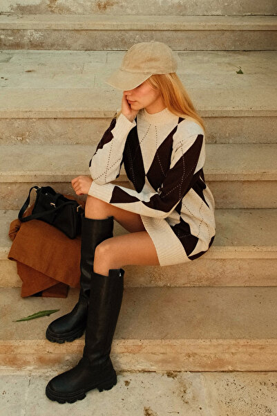 CHUBA Women's Mock Neck Diamond Pattern Sweater Dress Beige-Brown 26W3037