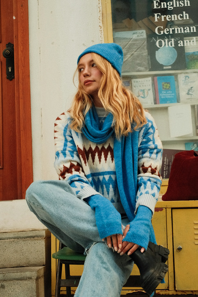 CHUBA Women's Knitwear Scarf & Beanie & Gloves Three-Piece Set Blue 26W5006