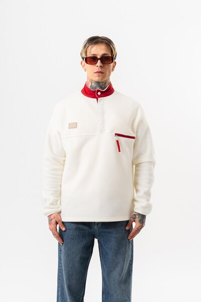 Respire Men's Half Zipper Oversized Fleece Jacket Ecru