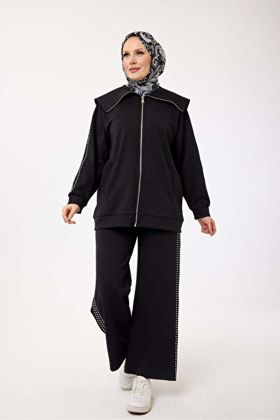 My City 6084 - Stylish Comfortable Cotton Wide Collar, Stone Detailed Pants Long Jacket Set