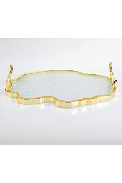 AB HOMES Metal serving tray, gold, with glass surface, 49x42 cm