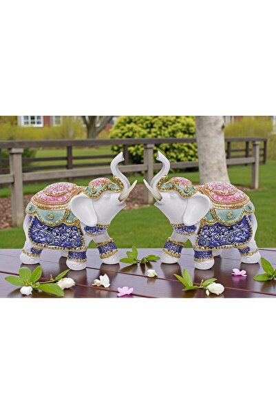 e-life shop Renkli Nakış İşlemeli 2’li Feng Shui Şans Bereket Fil Heykel Seti...