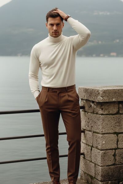 COMBİNE MİCHAİL Men's High Neck Casual Cream Knit Sweater