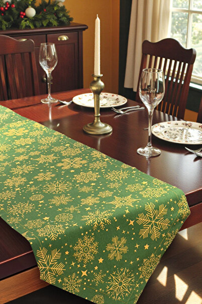 DECOROMA Yılbaşı Temalı Yeşil Gold Kar Tanesi Desenli Runner - El Dikimi (Alt...