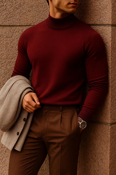COMBİNE MİCHAİL Men's High Neck Casual Burgundy Knit Sweater
