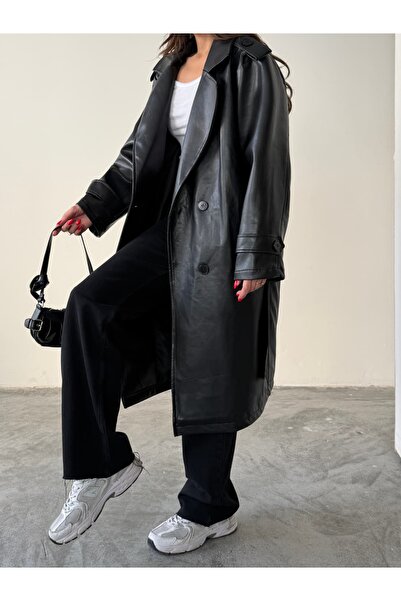 mydukkan.co Leather Trench Coat with Epaulet Detail