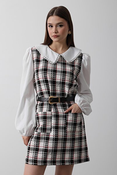 SHILSEE BEUTİQUE Women's Plaid B Peter Pan collar Belted Mini Dress Blue