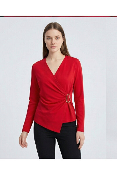 MELA ROSSA Women's Red V-Neck Gathered Buckle Long Sleeve Interlock Fabric Blouse