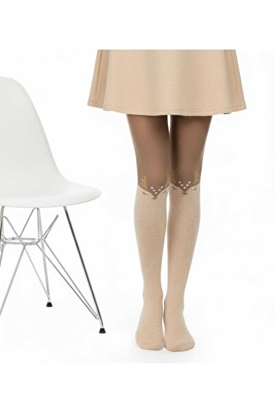 DÜVEN Geyik Desenli Kız Çocuk Bej Rengi Kalın Pamuklu Külotlu Çorap