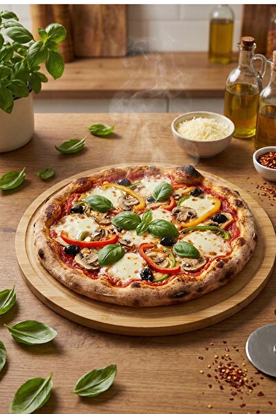 belivano 32 Cm Doğal Bambu Yuvarlak Kesme Tahtası, Sunum, Pizza ve Steak Tabağı