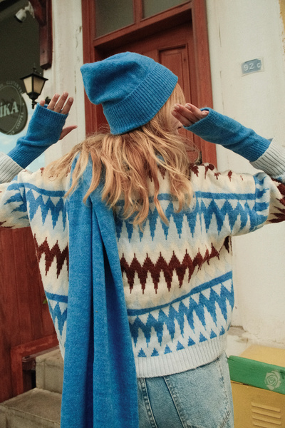 CHUBA Women's Knitwear Scarf & Beanie & Gloves Three-Piece Set Blue 26W5006