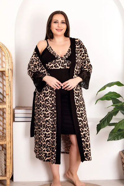 aynora Women's Leopard Print Plus Size Nightgown Dressing Gown Set