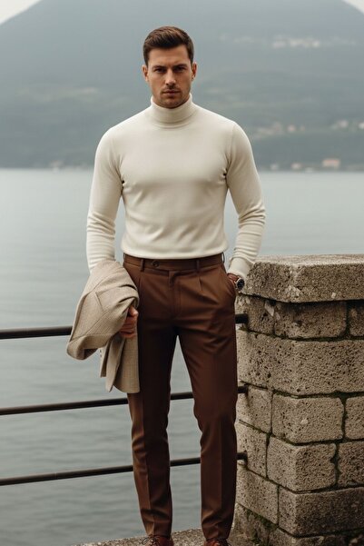 COMBİNE MİCHAİL Men's High Neck Casual Cream Knit Sweater