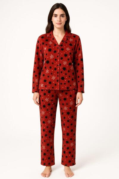 Pemilo Women's 02274 Long Sleeve Buttoned Front Suede Pajama Set Red