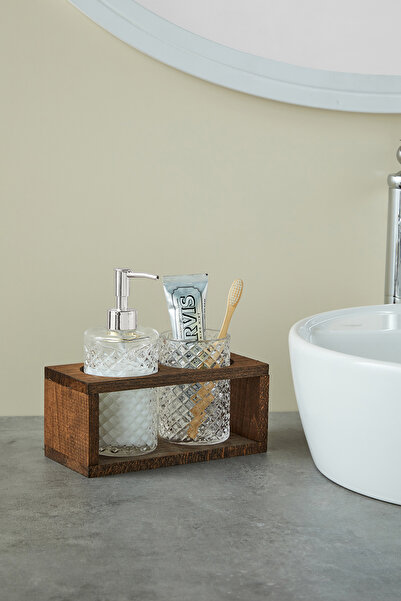 hapeed Tokyo Model Wooden Stand Glass Liquid Soap Dispenser and Toothbrush Holder Bathroom Set