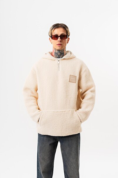 Respire Men's Half Zipper Hooded Oversized Plush Hoodie Ecru