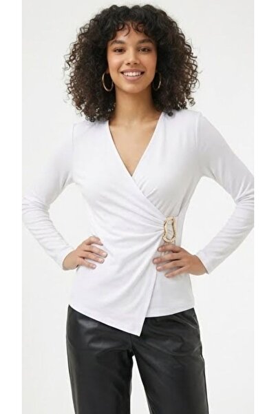 MELA ROSSA Women's White V-Neck Gathered Buckle Long Sleeve Interlock Fabric Blouse