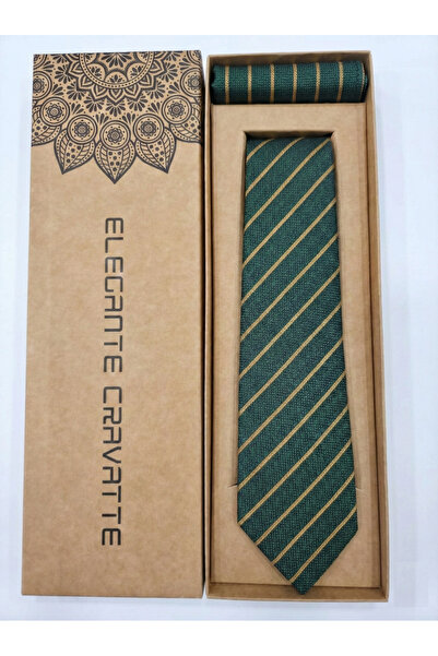 Elegante Cravatte Green Gold Striped Pattern Tie and Pocket Square - Special Boxed