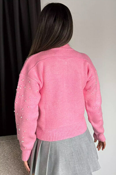 Mila Pink Pearl Zippered Knitwear Cardigan