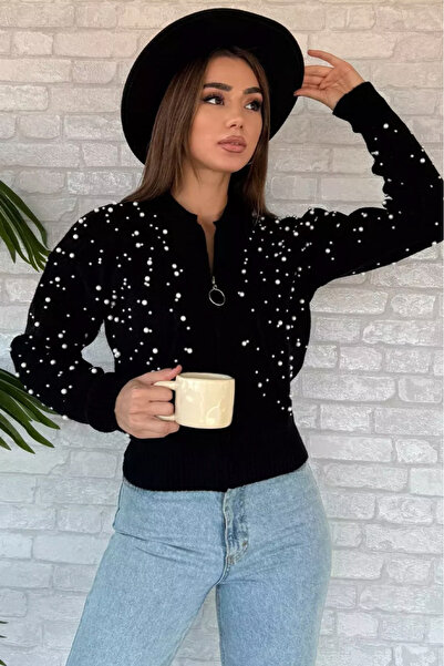 Mila Black Pearl Zippered Knitwear Cardigan