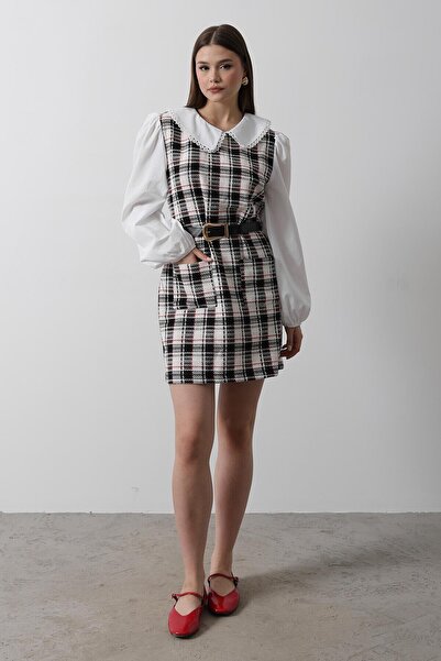 SHILSEE BEUTİQUE Women's Plaid B Peter Pan collar Belted Mini Dress Blue