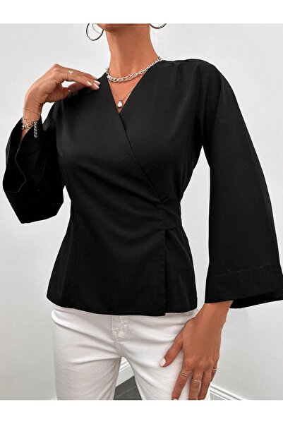 Timburly Kadın Siyah Arkadan Bağlamalı Kruvaze Bluz
