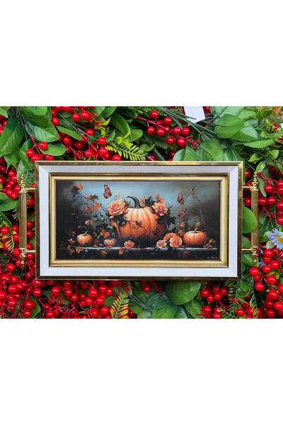 Ulus Home Decorative Tray with Pumpkin and Flower Pattern 18X30 cm – Tray with Gold Handles