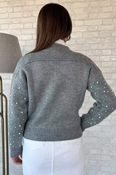 Mila Gray Pearl Zippered Knit Cardigan