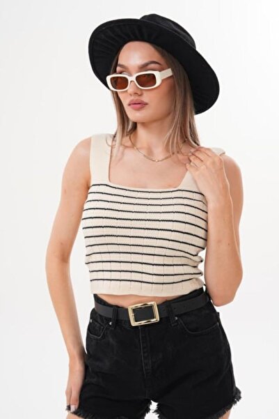 Zarif Women's Striped Patterned Square Neck Knitwear Tank Top