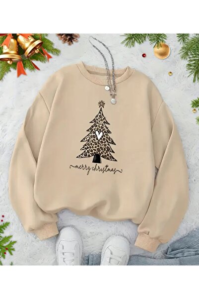 herkesemoda Merry Christmas Print Detailed Crew Neck Sweatshirt