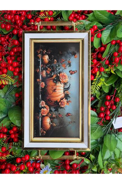 Ulus Home Decorative Tray with Pumpkin and Flower Pattern 18X30 cm – Tray with Gold Handles