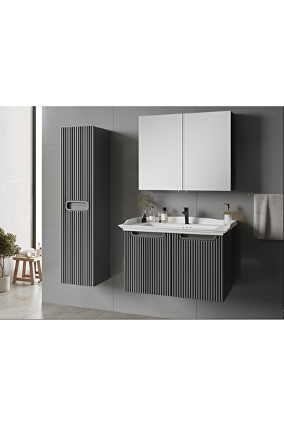 ROSEART BANYO ROSEDUAL 80 CM ANTRASİT BANYO DOLABI SETİ ÜST MODÜL + LAVABO + ALT MODÜL + BOY DOLAP