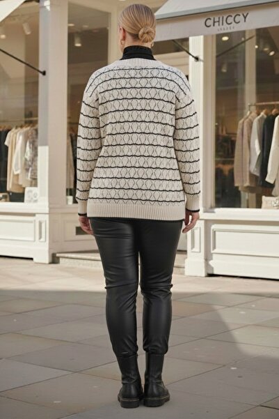 Chiccy Plus Size Ecru V-Neck Long Sleeve Striped Buttoned Casual Openwork Knitwear Cardigan 80 62