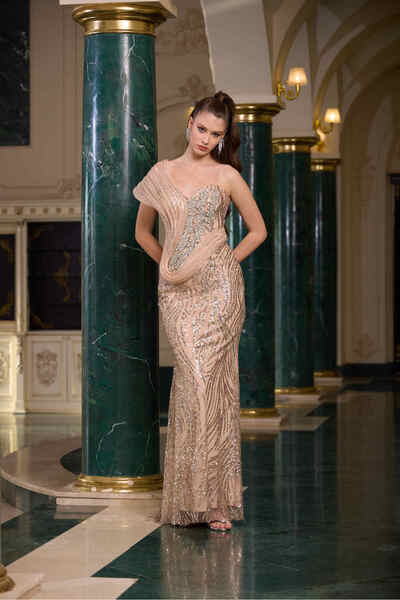 VELİSİA nervürlü taş aplikeli simli abiye elbise