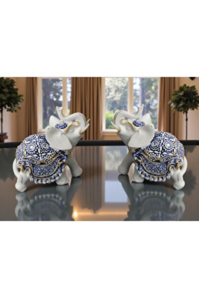 e-life shop Lüks Taş ve Nakış İşlemeli 2’li Feng Shui Şans Bereket Fil Heykel...
