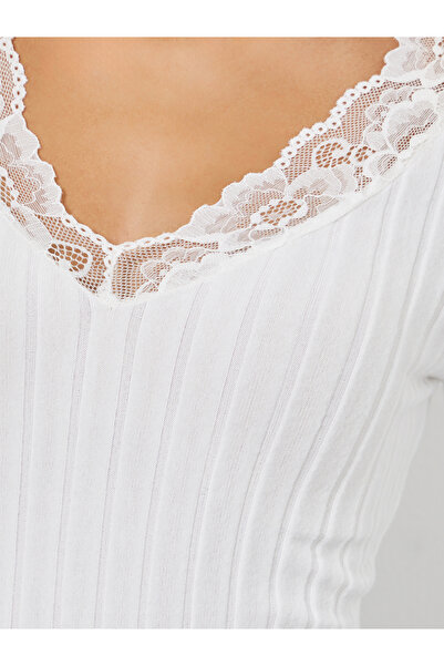 Take Two By Styli White Ribbed Top with Lace Trim