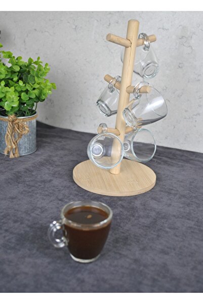 Qualitev 6-Person Mini Coffee Cup Set with Wooden Stand 75 ml Paşabahçe Espresso Cups