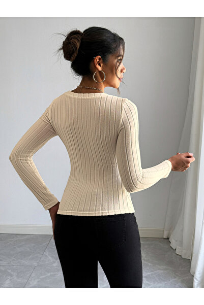 Take Two By Styli Women Beige Ribbed Knit Long Sleeve Top