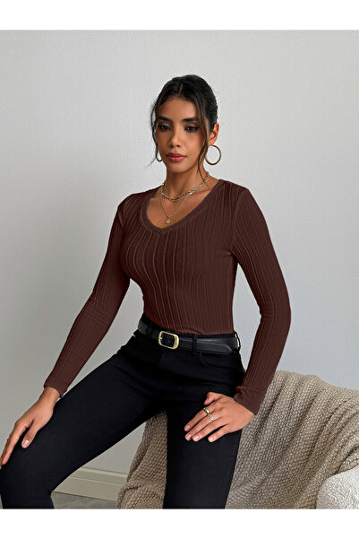 Take Two By Styli Women Brown Ribbed Knit Long Sleeve Top