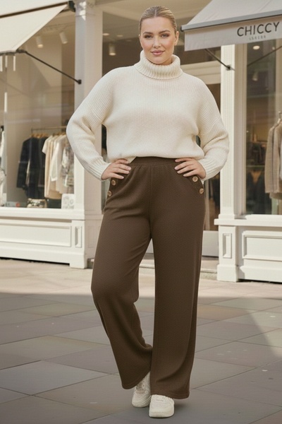 Chiccy Italian Large Size Brown Elastic Waist Wide Leg Slim Fi Corded Fabric Adife Woven Trousers 100 62