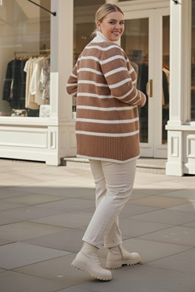 Chiccy Plus Size Light Brown V-Neck Long Sleeve Striped Buttoned Thick Casual Knitwear Cardigan 70 70