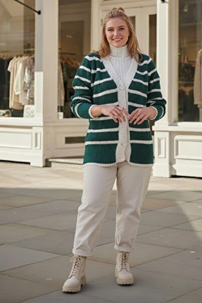 Chiccy Plus Size Dark Green V-Neck Long Sleeve Striped Buttoned Thick Casual Knitwear Cardigan 70 70
