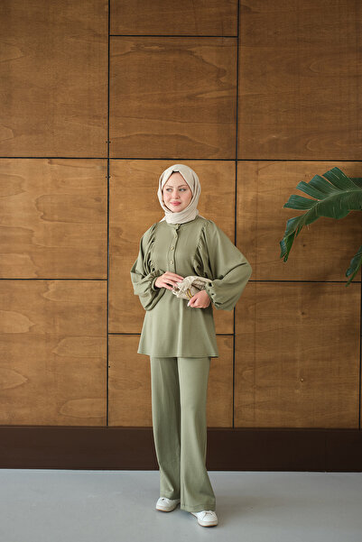 LOCCO Women's Snap Fastener Drawstring Detail Two-Piece Set Green