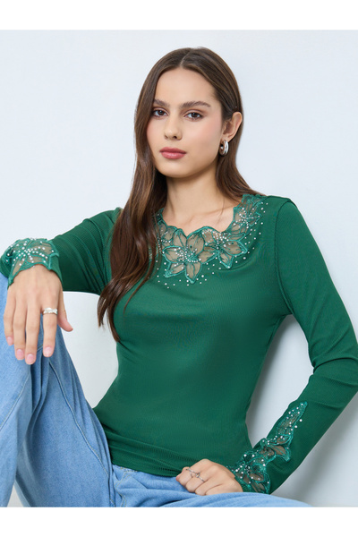 Take Two By Styli Dark Green Embellishment Detail Long Sleeve Top