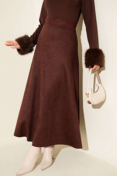 MODA MAÇKA PARK تنورة واسعة من الجلد المدبوغ مع حزام مطاطي عند الخصر