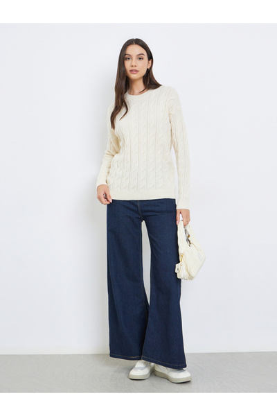Take Two By Styli Solid Long Sleeve Cable Knitted Sweater