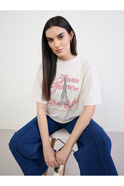 Styli Beige Graphic Oversized Cotton T-Shirt
