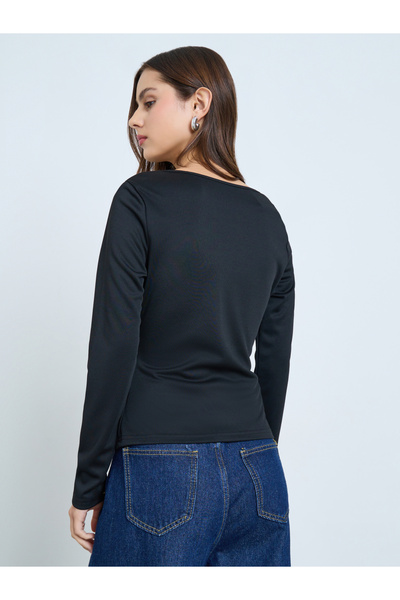 Take Two By Styli Black Irregular Neck Slit Hem Long Sleeve Top