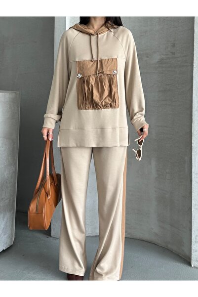 Moda İkra Σετ με κουκούλα και κορυφαίο μπλουζάκι με λεπτομέρεια στον κάτω όψη για γυναίκες