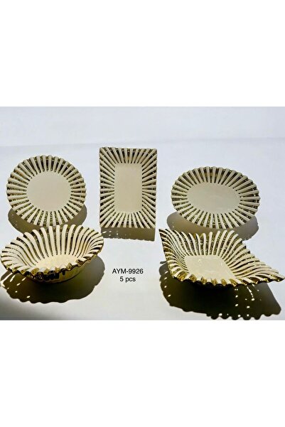 Hinora White Ceramic Serving Plate Set with Gold Line Detail, 5 Pieces